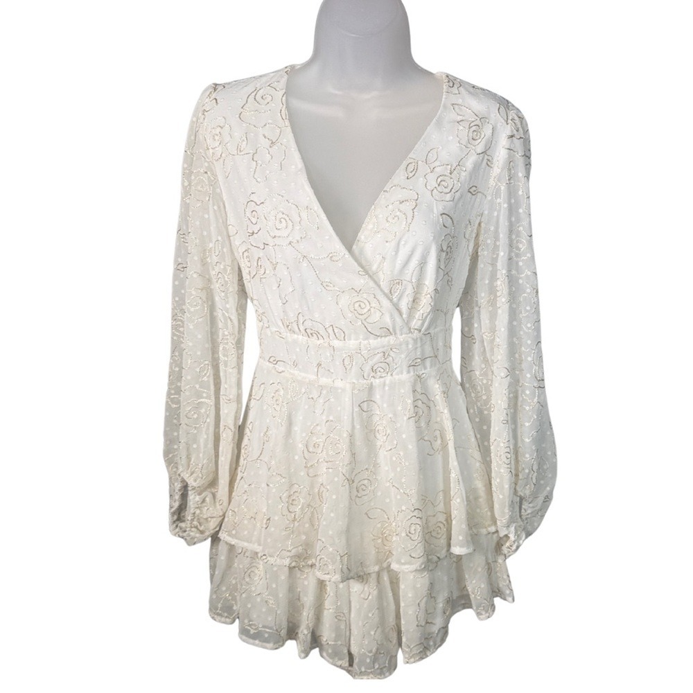 Altar'd State White Gold Floral Embroidered Swiss Dot Ruffle Romper Skort Small